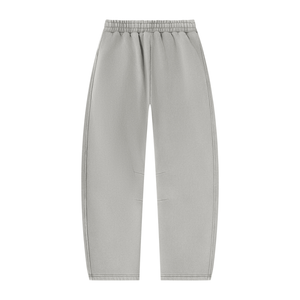 Light Gray sweatpants laid flat from the back, curved barrel leg shape and wide elastic waist