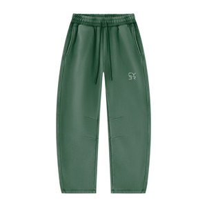 Dark Green baggy sweatpants laid flat, front view with vintage wash, drawstring and knee pleats