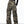 Woman in grey camo cargo pants with a black top, front view of the wide legs over beige round shoes
