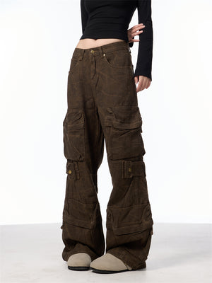 Coffee brown Baggy Camo Cargo Pants style in washed dark brown, side front view with cargo pockets