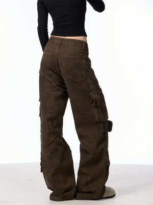 Back view of the coffee brown wide leg cargo pants, showing the back pockets and side cargo pocket