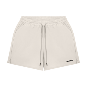Pale Khaki lined workout shorts laid flat, front view with elastic waist, drawstring and slash pockets