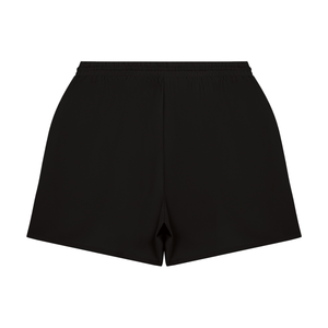 Bagsiden af de sorte baggy gymshorts lagt fladt, almindelig bagside med elastisk linning og splittede ben