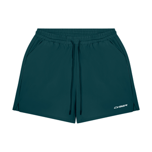Dybturkise forede gymshorts lagt fladt, set forfra med sort snøre og hvidt CYBER-logo