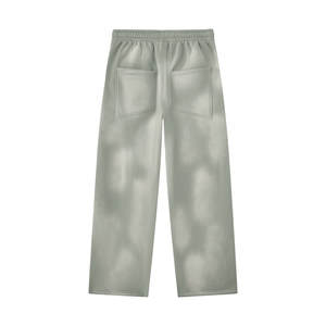 Light Gray sun faded sweatpants laid flat from the back, with two patch pockets and a straight wide hem