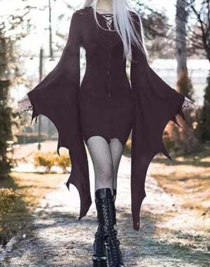 Dark purple Bat Sleeve Goth Dress, front view of the slim mini body and scalloped flared sleeves