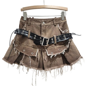 Belted Frayed Edge Pleated Skirt Y2K