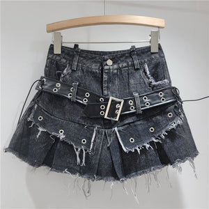 Belted Frayed Edge Pleated Skirt Y2K
