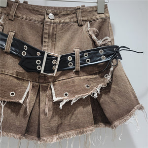 Belted Frayed Edge Pleated Skirt Y2K