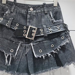 Belted Frayed Edge Pleated Skirt Y2K