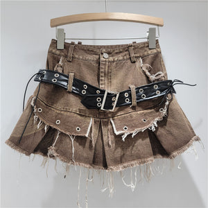 Belted Frayed Edge Pleated Skirt Y2K
