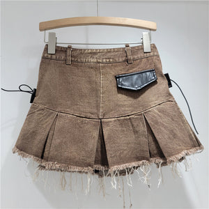 Belted Frayed Edge Pleated Skirt Y2K