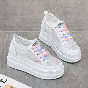 Best White Platform Sneakers, white lace mesh platform sneakers with rainbow laces