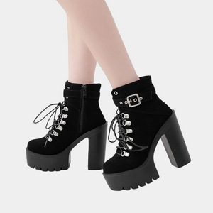 Black Block Heel Lace Up Boots