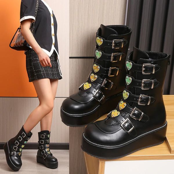 Black Buckle Detailed Lace Up Cleated Ankle Boot