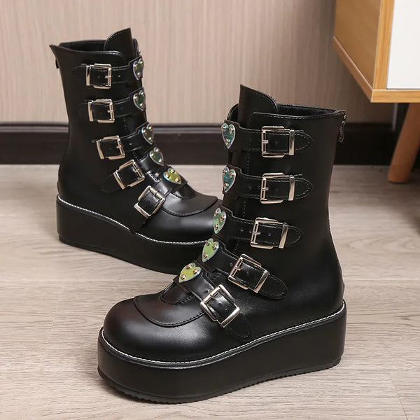 Black Buckle Detailed Lace Up Cleated Ankle Boot