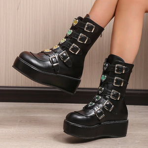 Black Buckle Detailed Lace Up Cleated Ankle Boot
