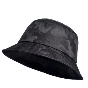 All black camouflage bucket hat with a wide brim