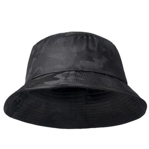 All black camouflage bucket hat with a wide brim