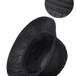 All black camouflage bucket hat with a wide brim