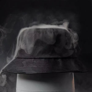 All black camouflage bucket hat with a wide brim
