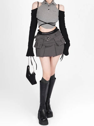 Black Cargo Denim Skirt