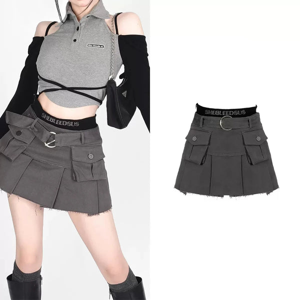 Black Cargo Denim Skirt