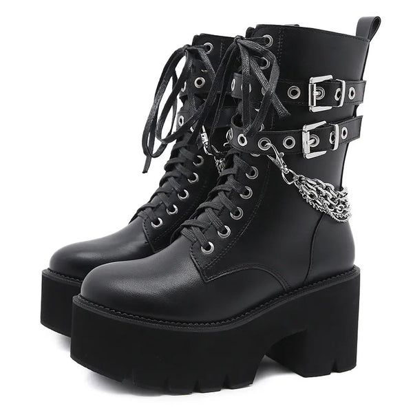 Black Chunky Chain Lace Up Boots