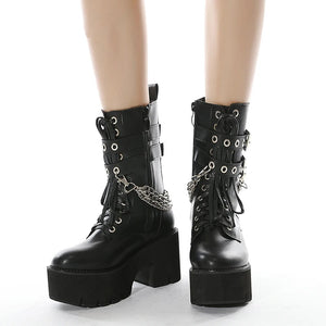 Black Chunky Chain Lace Up Boots
