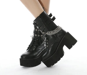 Black Chunky Chain Lace Up Boots