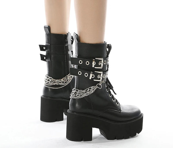 Black Chunky Chain Lace Up Boots