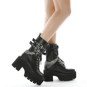 Black Chunky Chain Lace Up Boots