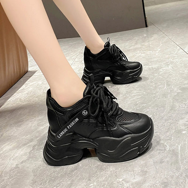 Black Chunky Mesh Platform Sneakers