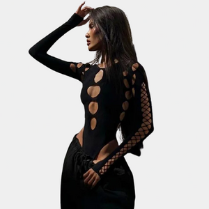 Cecely Bodysuit - Cut Out Ruched Mesh Bodysuit in Black