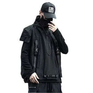 A person wearing a black denim jacket with a hood, suitable for men, displayed against a white background.