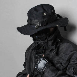 2024 Tactical Techwear Style Ribbon Metal Buckle Drawstring Bucket Hat Men Outdoor Fishing Climbing Hip Hop Punk Hat