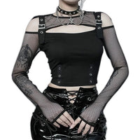 Black fishnet crop top long sleeve - product view on white background