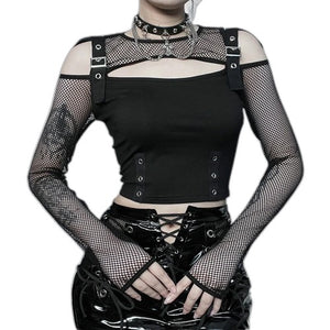 Black fishnet crop top long sleeve - product view on white background