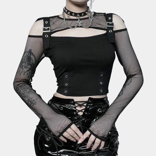 Black fishnet crop top long sleeve CYBER TECHWEAR