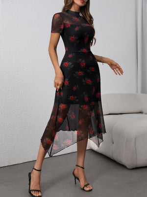 Black Floral Gothic Midi Dress
