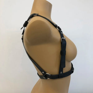 Goth PU Leather Chest Harness Chain — women's black faux-leather goth chain accessory