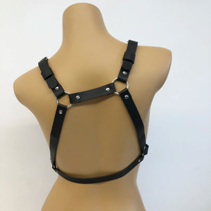 Goth PU Leather Chest Harness Chain — women's black faux-leather goth chain accessory