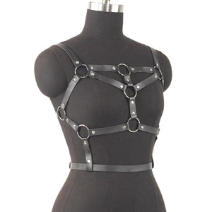 Goth PU Leather hollow Cage Harness — women's black faux-leather goth harness accessory