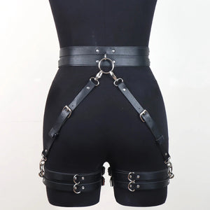 Goth PU Leather Thigh Garter Chain — women's black faux-leather goth chain accessory