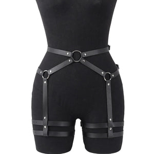 Goth PU Leather Waist Garter Chain — women's black faux-leather goth chain accessory