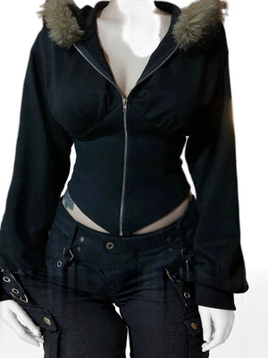 Black Hooded Fleece Jacket Women's - product view on white background