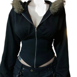 Black Hooded Fleece Jacket Women's - product view on white background