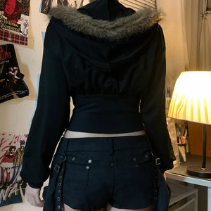 Black Hooded Fleece Jacket Women's