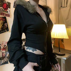 Black Hooded Fleece Jacket Women's