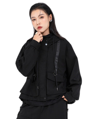 Black Hooded Jacket For Women - product view on white background